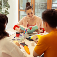 students in language school studying together 