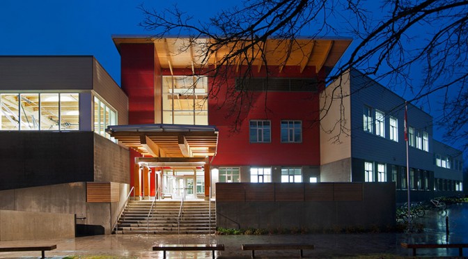 revelstoke secondary school building at night 